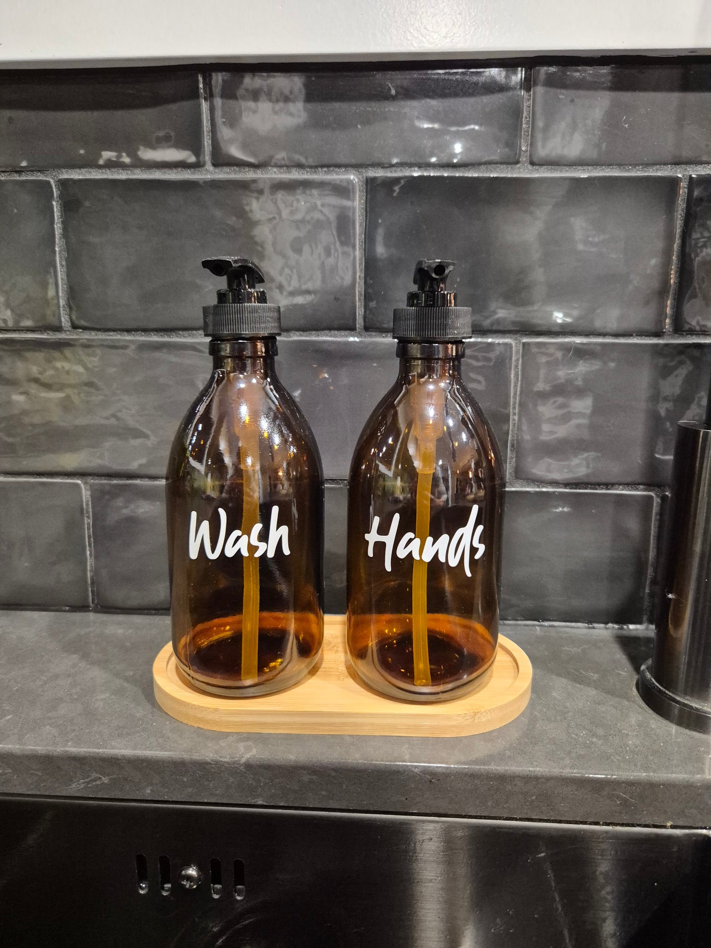 Amber soap bottle with bamboo tray